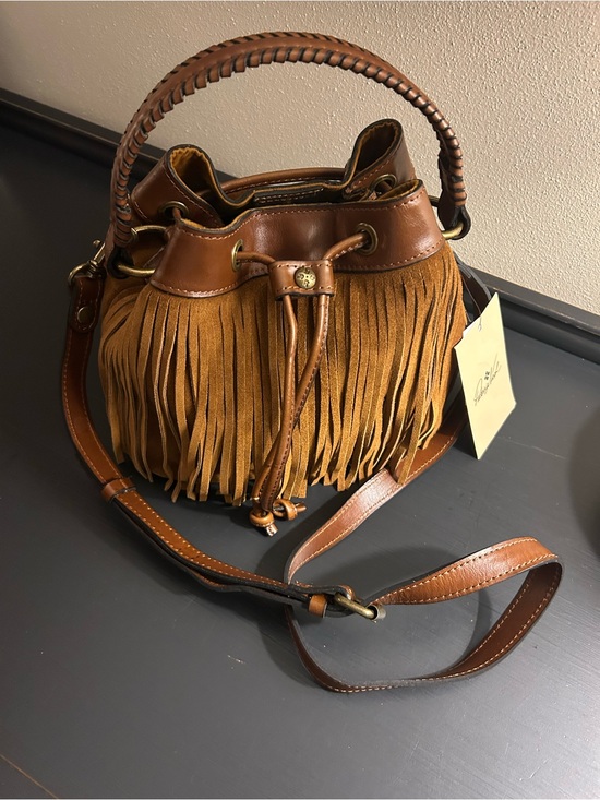 Patricia Nash Handbags - Patricia Nash Tan/Brown Fringe Drawstring Bucket Bag NWT